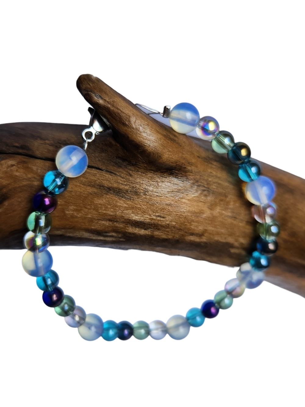 Handcrafted Opalite Bracelet With Blue and Iridescent Accent Beads